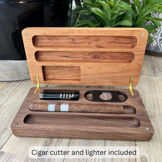 Luxury Wood Cigar Case with Lighter and Cutter