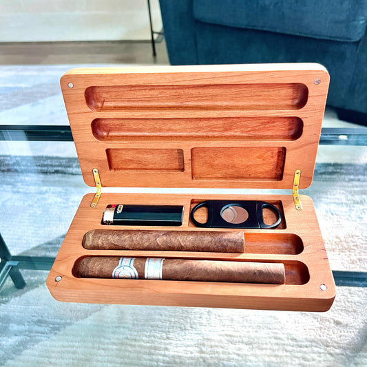 Luxury Solid Cherry Wood Cigar Case with Lighter and Cutter