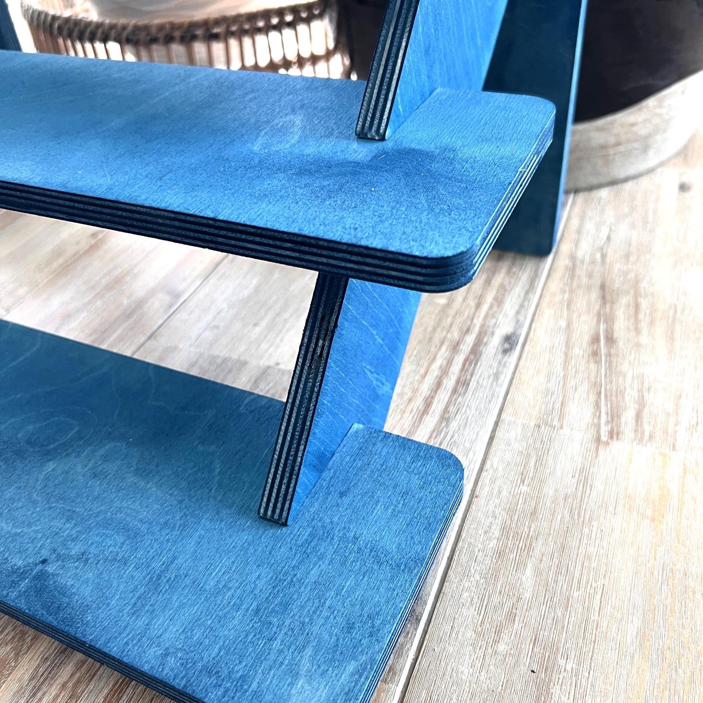 Blue 3-Tier Wood Display Stand: Collapsible Craft Fair Product Riser