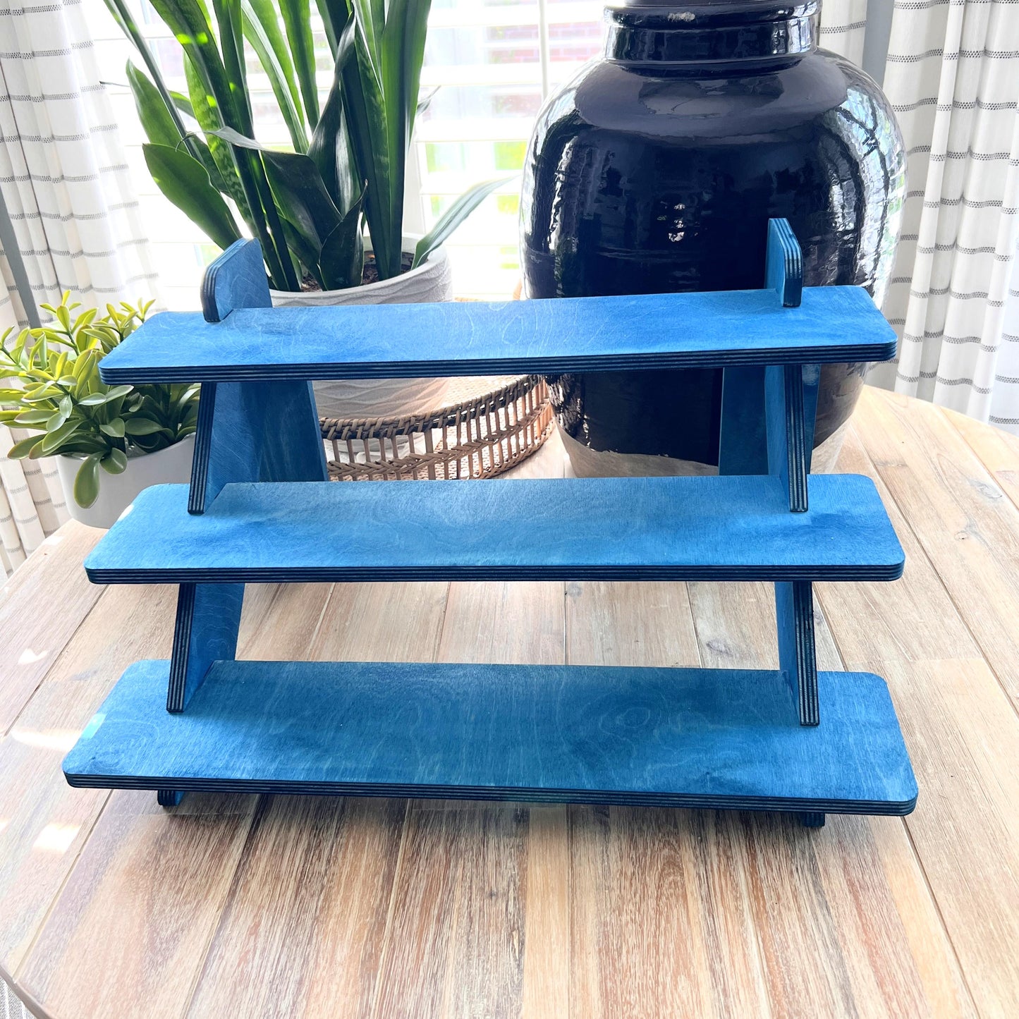 Blue 3-Tier Wood Display Stand: Collapsible Craft Fair Product Riser