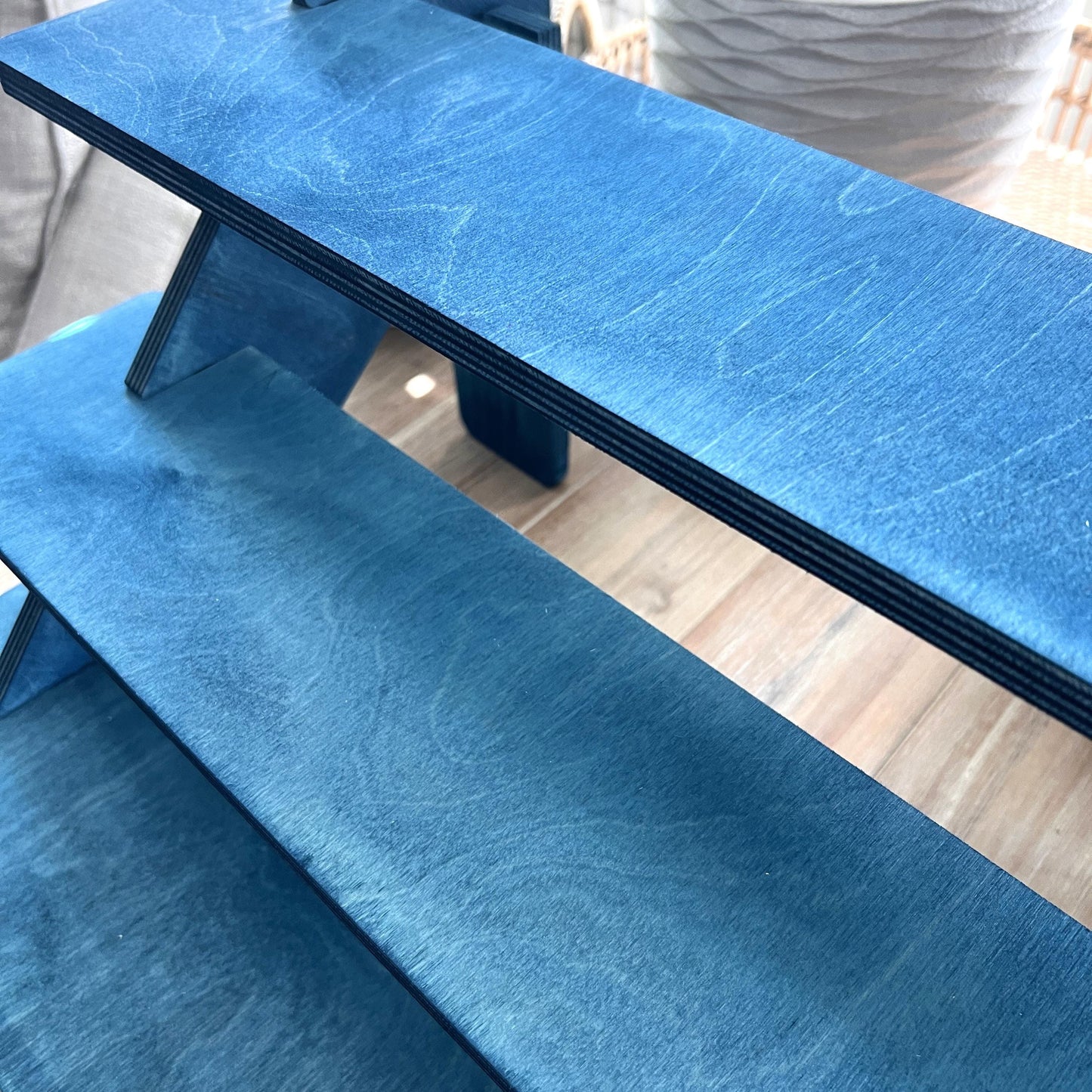 Blue 3-Tier Wood Display Stand: Collapsible Craft Fair Product Riser