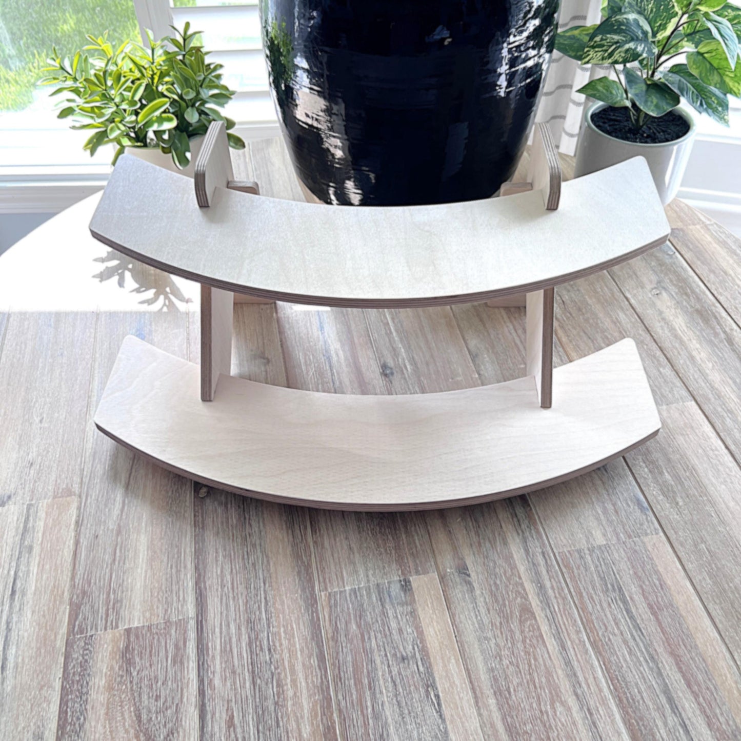 2-Tier Birch Wood Display Stand: Curved 22" Tabletop Shelving