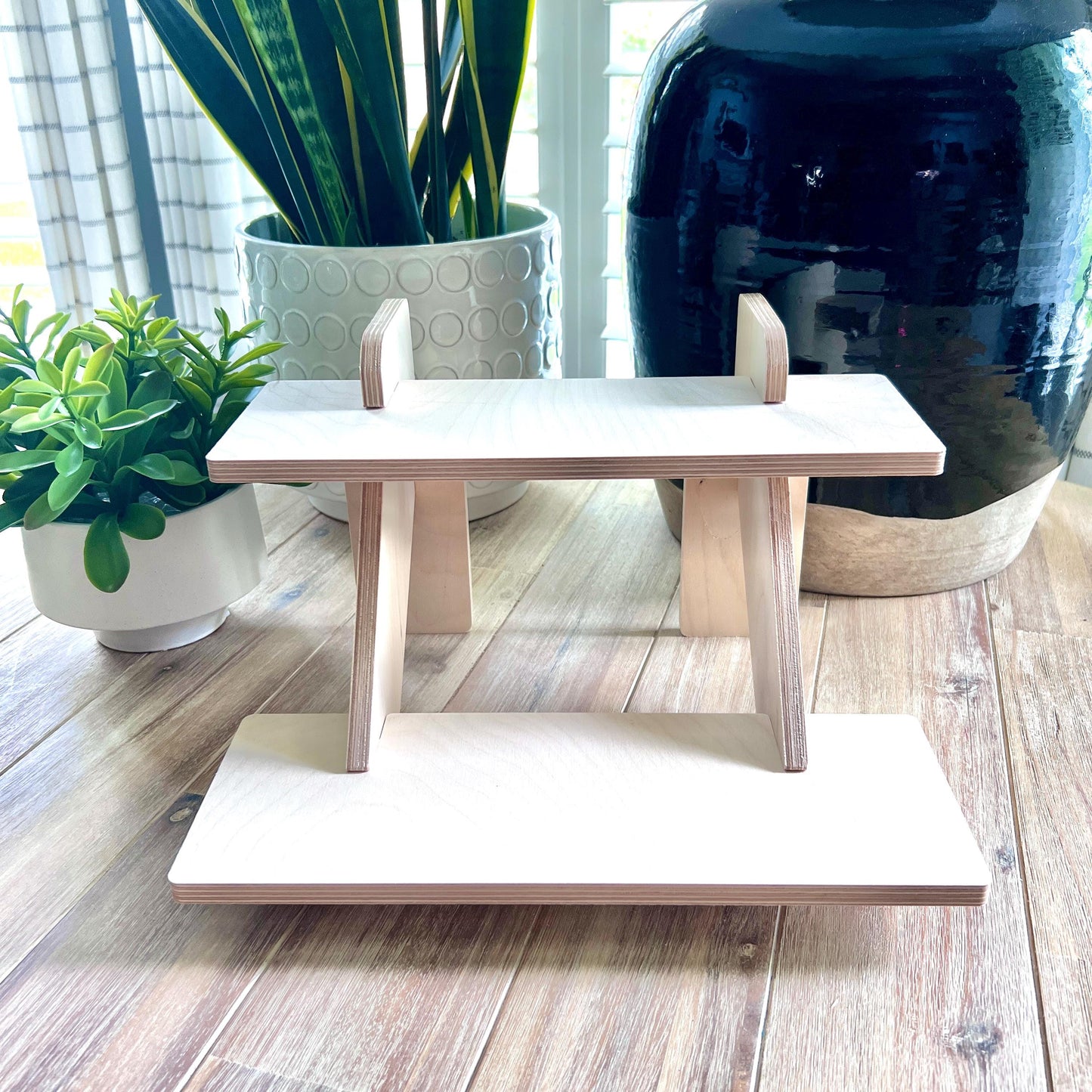 2 -Tier Birch Wood Display Stand: 14" Tabletop Shelving