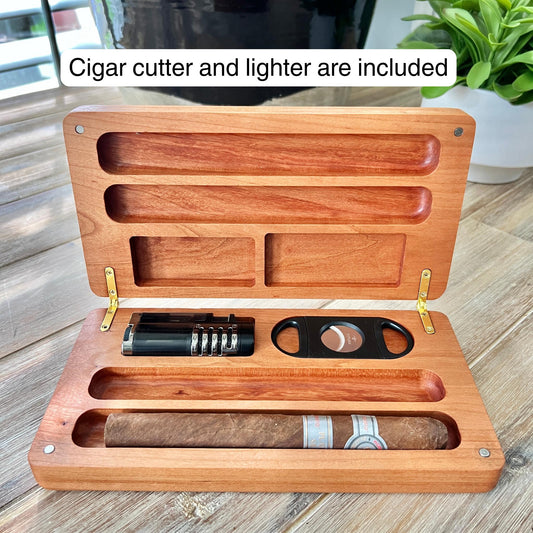 Luxury Cherry Wood Cigar Case with Lighter and Cutter Included