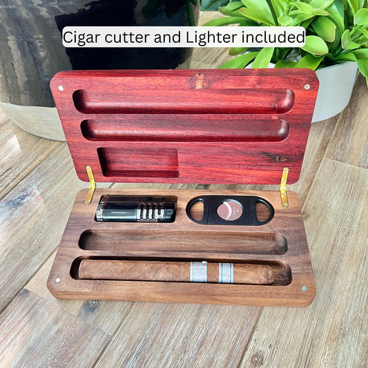 Exotic Paduk Wood Cigar Case with Lighter and Cutter