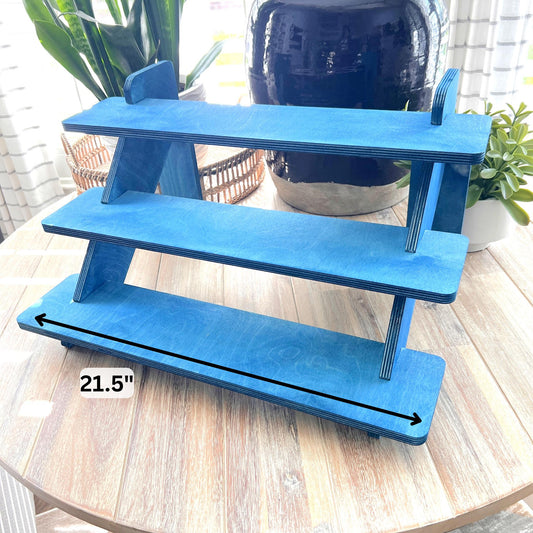 Blue 3-Tier Wood Display Stand: Collapsible Craft Fair Product Riser