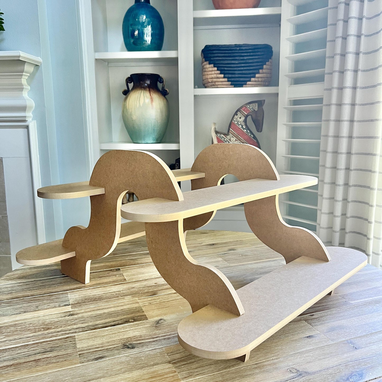 2-Tier HDF Display Stand: Dual Sided Curvy Shelving and Supports