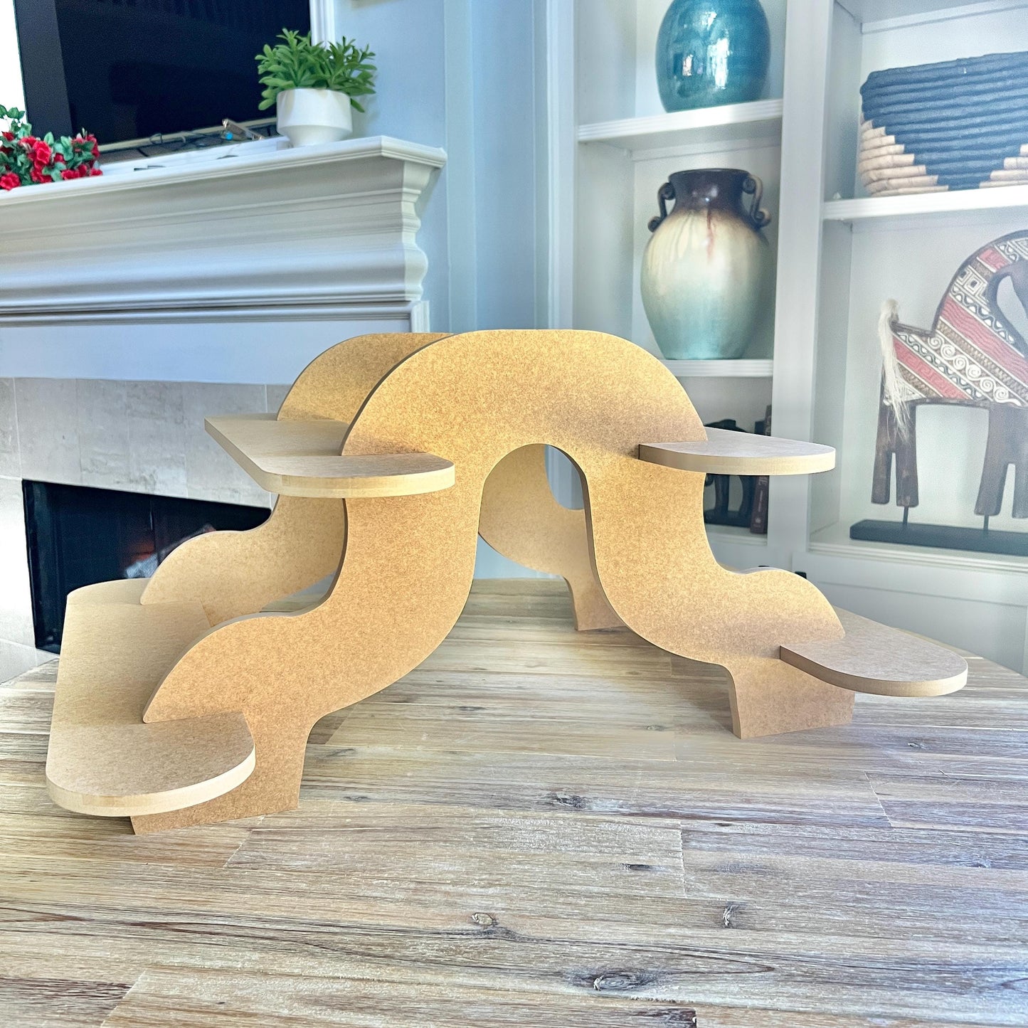 2-Tier HDF Display Stand: Dual Sided Curvy Shelving and Supports