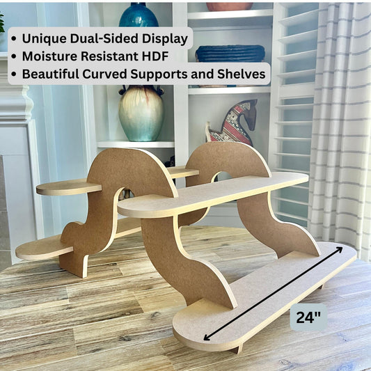 2-Tier HDF Display Stand: Dual Sided Curvy Shelving and Supports