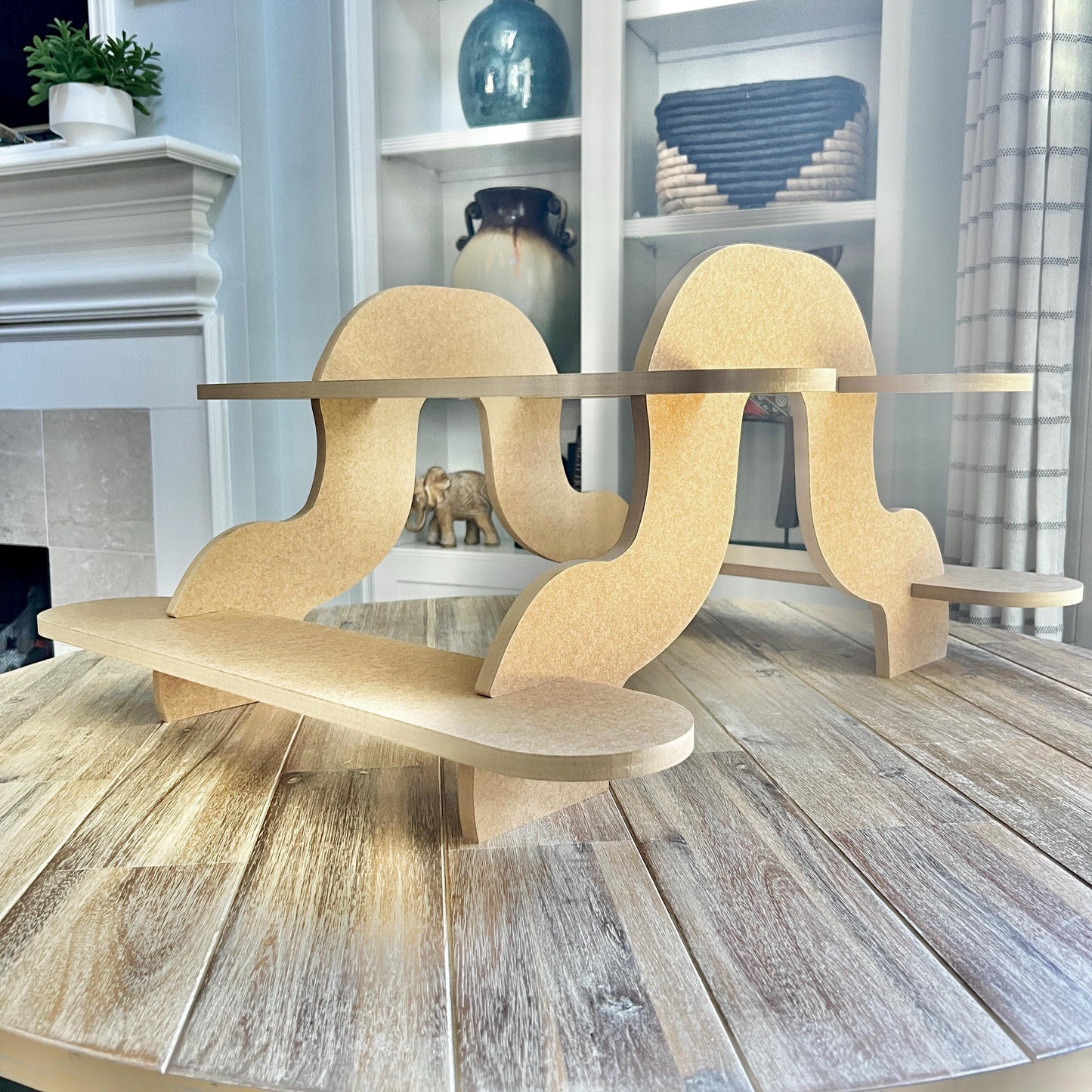 2-Tier HDF Display Stand: Dual Sided Curvy Shelving and Supports