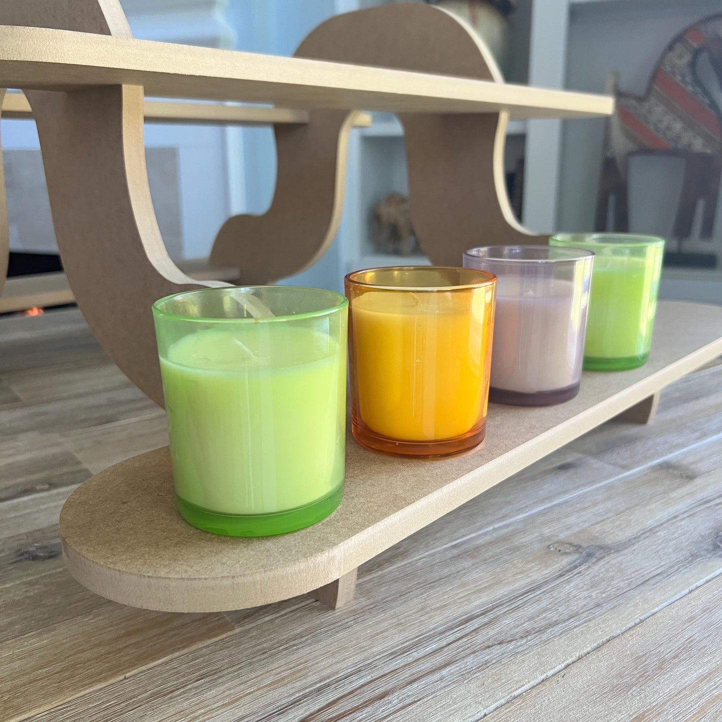 2-Tier HDF Display Stand: Dual Sided Curvy Shelving and Supports