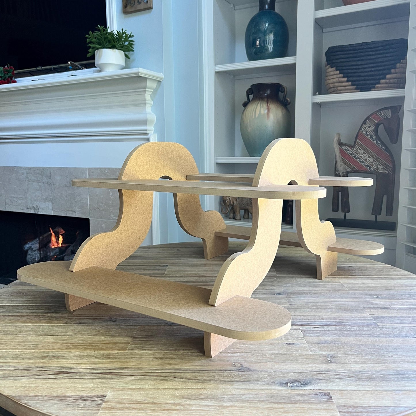 2-Tier HDF Display Stand: Dual Sided Curvy Shelving and Supports