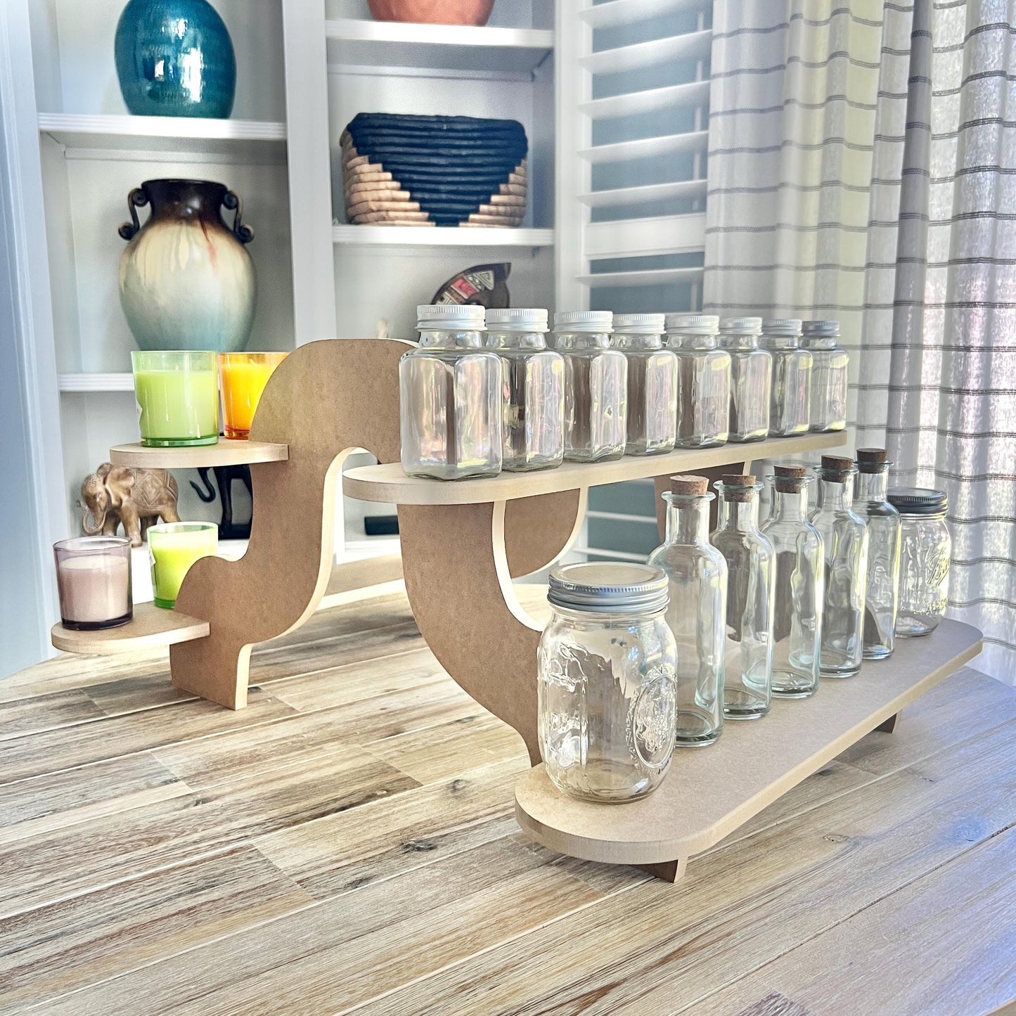 2-Tier HDF Display Stand: Dual Sided Curvy Shelving and Supports