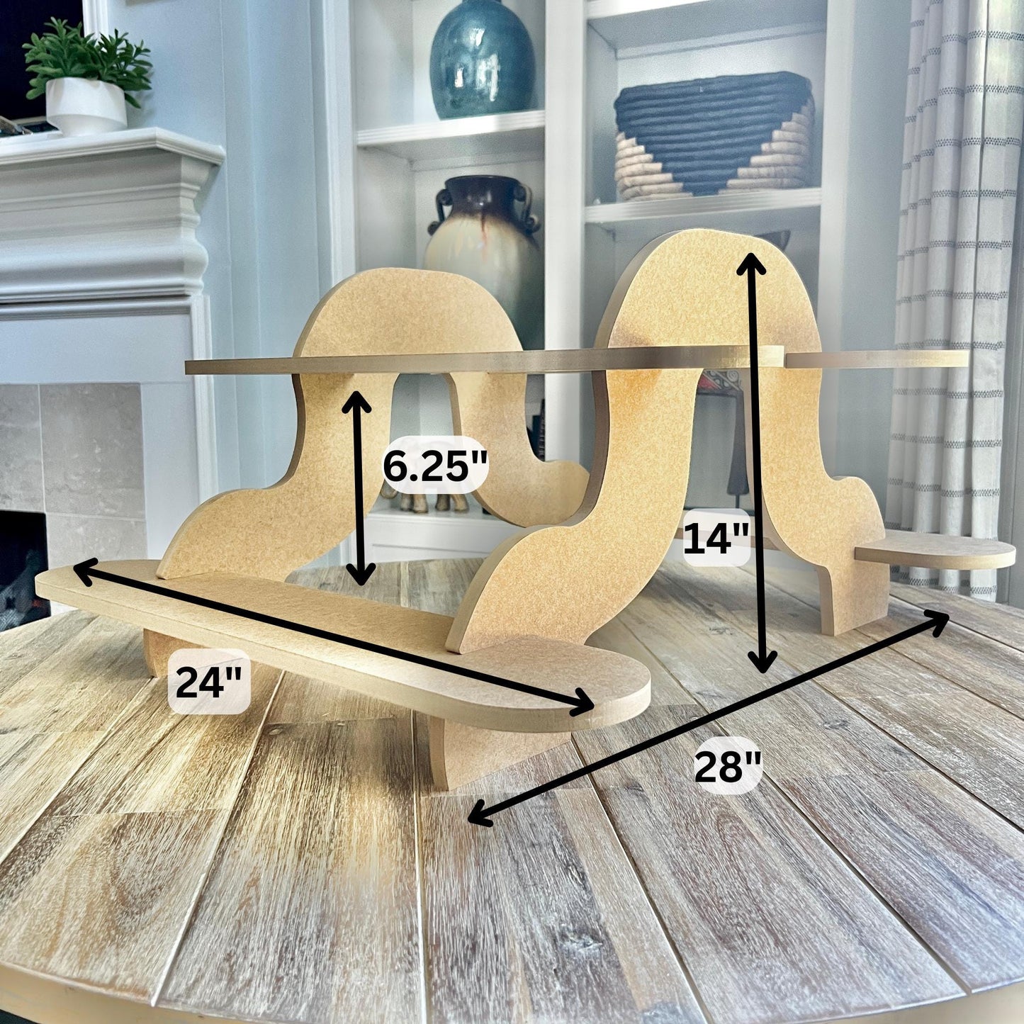 2-Tier HDF Display Stand: Dual Sided Curvy Shelving and Supports