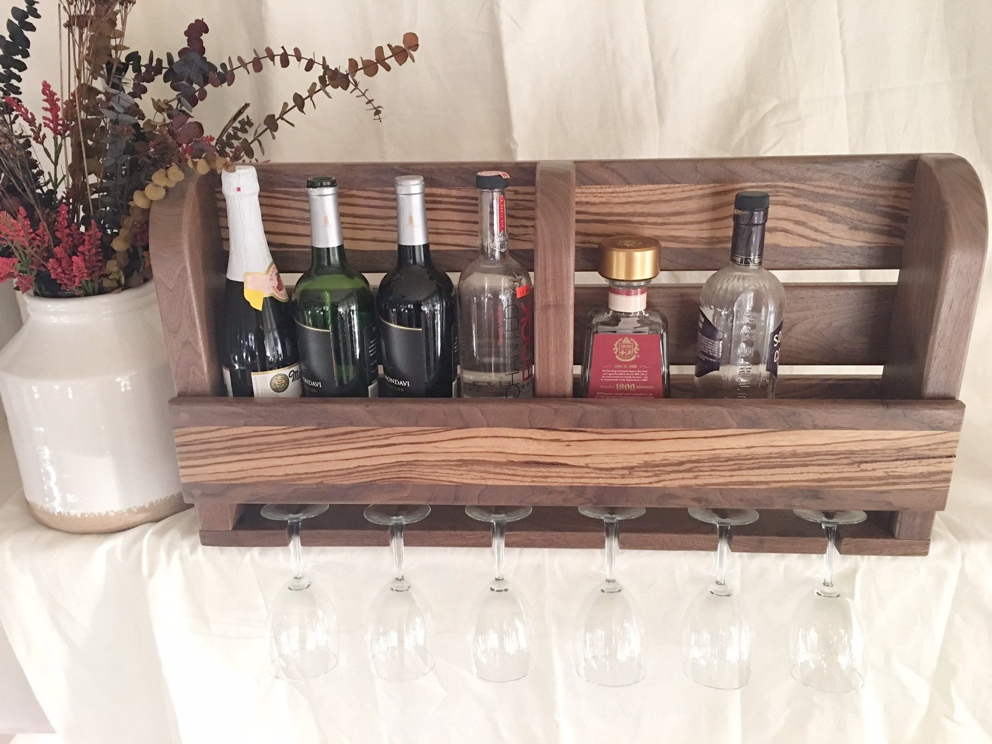 Solid wood wine rack with glass storage